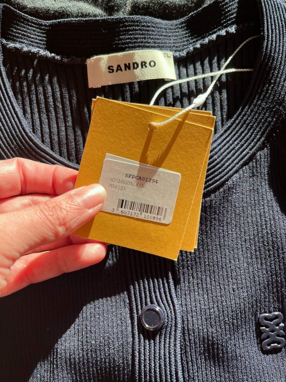 Sandro Navy Ribbed Button Cardigan with Logo Button - Picture 2 of 3